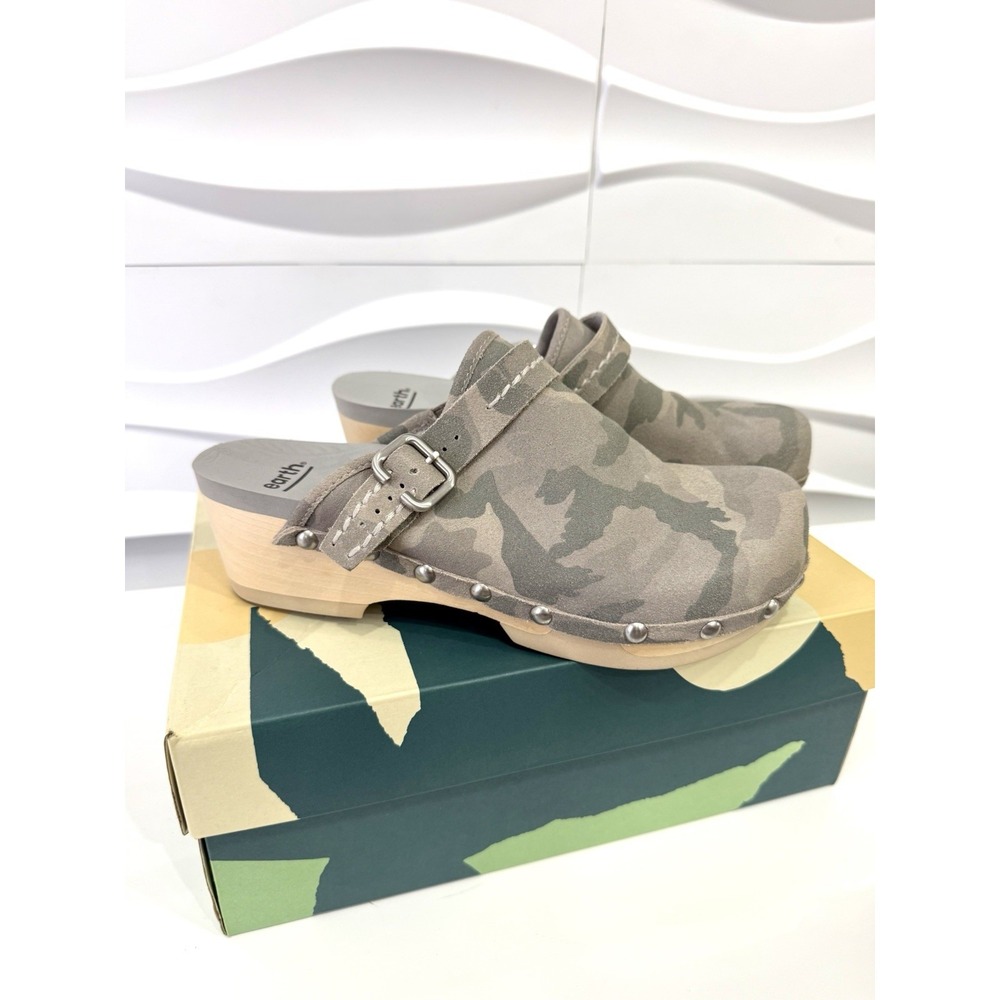 Earth Pine Tiku grey suede Camo Clogs with Buckle | Earth studded mules NWB 8